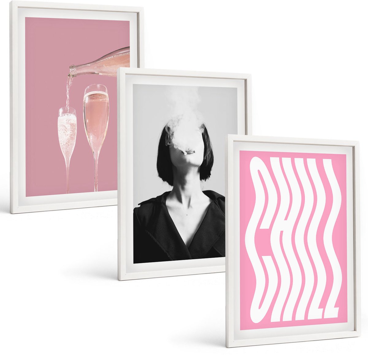 Coloray 3-Delige Schilderij Set - Stijlvol Portret Van Een Vrouw, Champagne En Ontspanning. - 40 x 60 - Decoratieve Schilderijen - Woonkamer - Interieur - Muurdecoratie