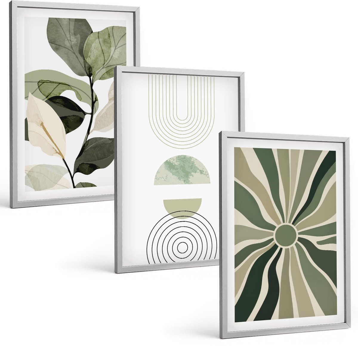 Coloray 3-Delige Schilderij Set - Plantmotieven Met Geometrische Vormen In Groen - 40 x 60 cm - Decoratieve Schilderijen - Wanddecoratie - Hal
