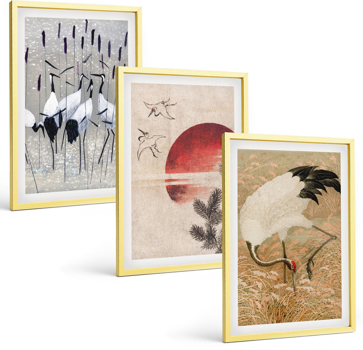 Coloray 3-Delige Schilderij Set - Abstracte Landschappen Met Golven En Vliegende Vogels - 40 x 40 cm En 40 x 60 cm - Wanddecoratie - Schilderijen Set - Interieur - Interieur Decoratie