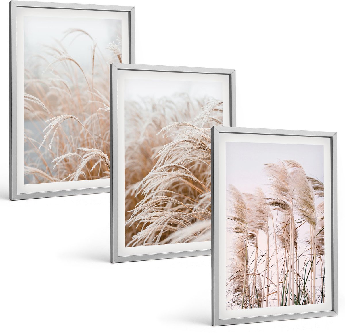 Coloray 3-Delige Schilderij Set - Grasvelden In Delicate Tinten Bruin En Beige. - 40 x 60 cm - Decoratieve Schilderijen - Wanddecoratie - Hal