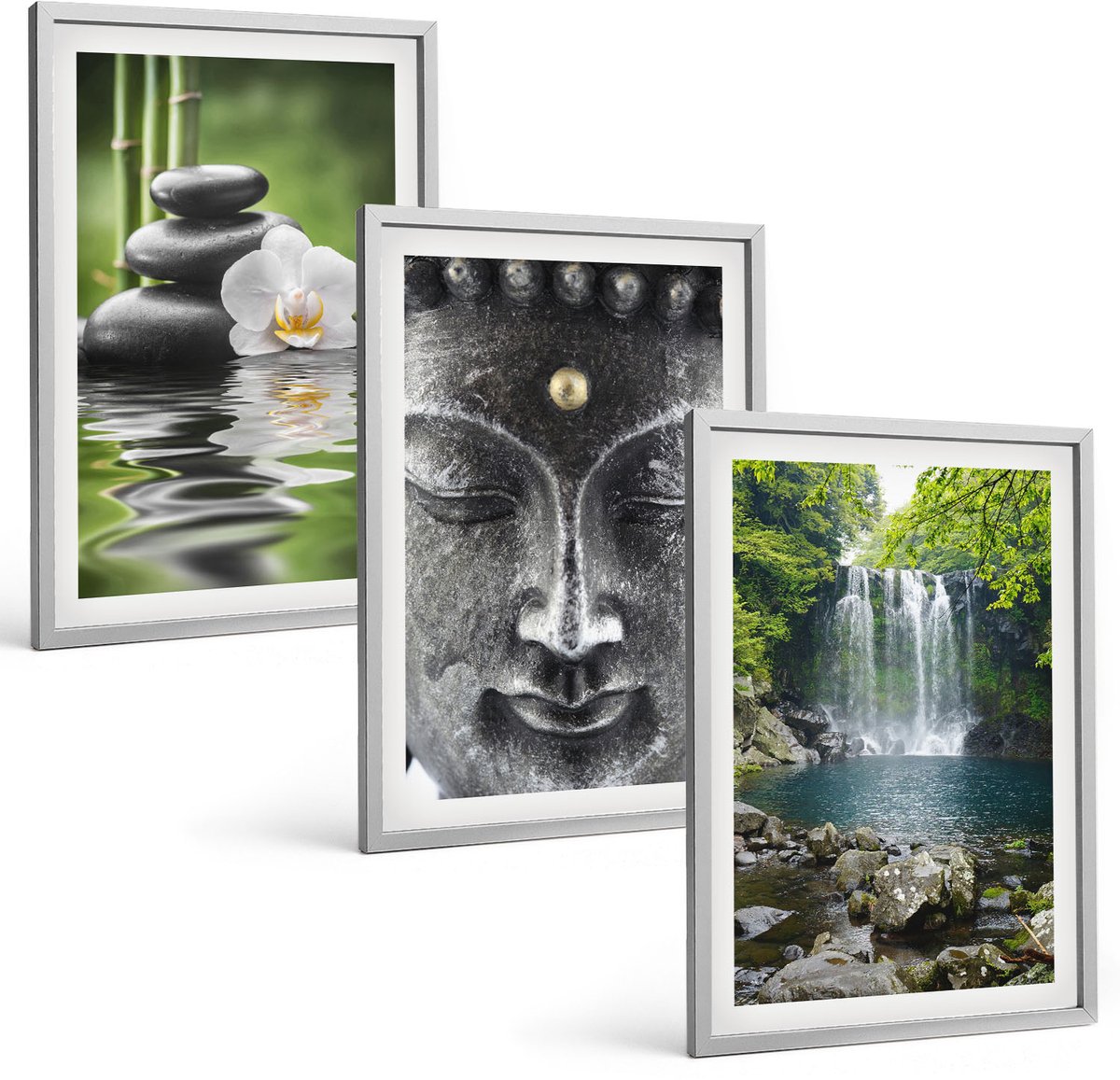 Coloray 3-Delige Schilderij Set - Harmonie Van De Natuur Met Stenen, Water En Boeddha - 40 x 60 cm - Muurdecoratie - Wanddecoratie - Hal - Decoratieve Schilderijen