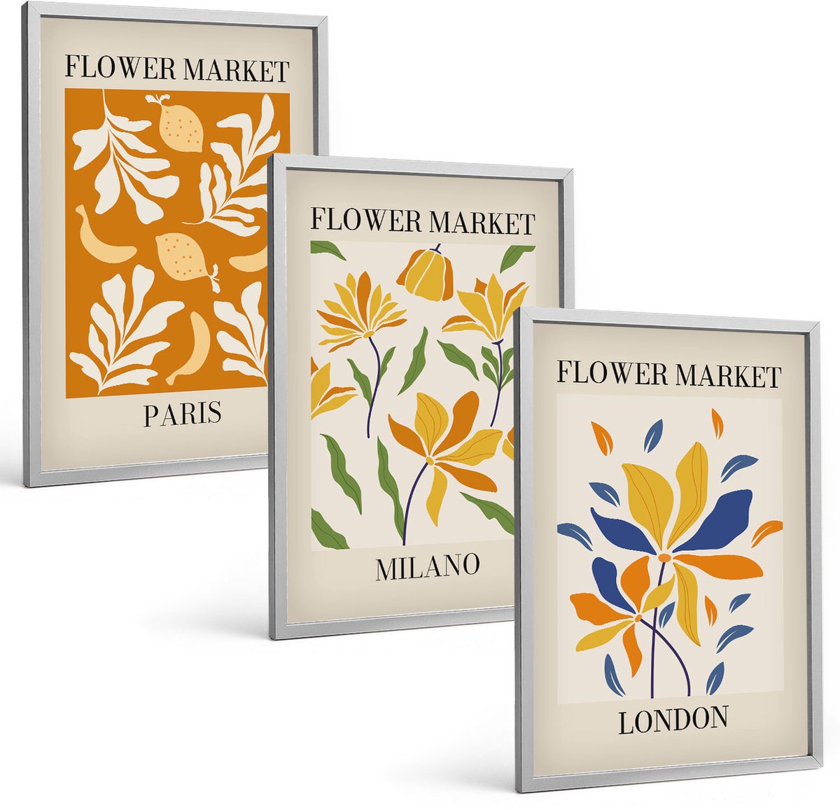 Coloray 3-Delige Schilderij Set - Bloemenposters Parijs Milaan Londen - 40 x 60 cm - Schilderijen Set - Wanddecoratie - Woonkamer - Interieur Decoratie