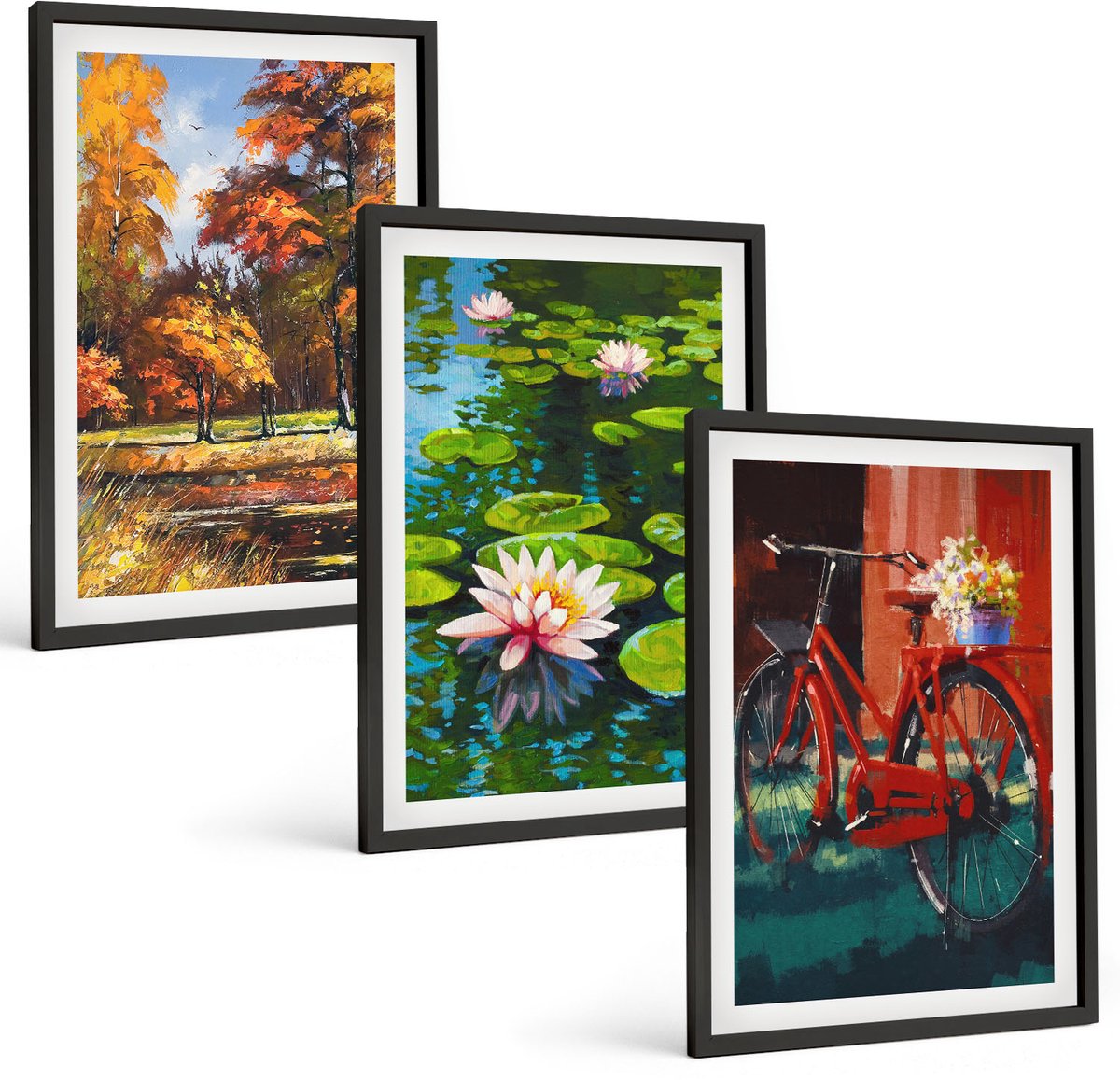 Coloray 3-Delige Schilderij Set - Herfstkleuren, Lelievijver, Fietsen Op Het Terras - 40 x 60 cm - Wanddecoratie - Schilderijen Set - Interieur - Moderne Wanddecoratie