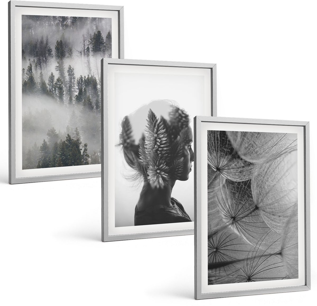 Coloray 3-Delige Schilderij Set - Bos In De Mist: Portret Met Bomen En Een Tere Paardenbloem. - 40 x 60 cm - Decoratieve Schilderijen - Wanddecoratie - Hal