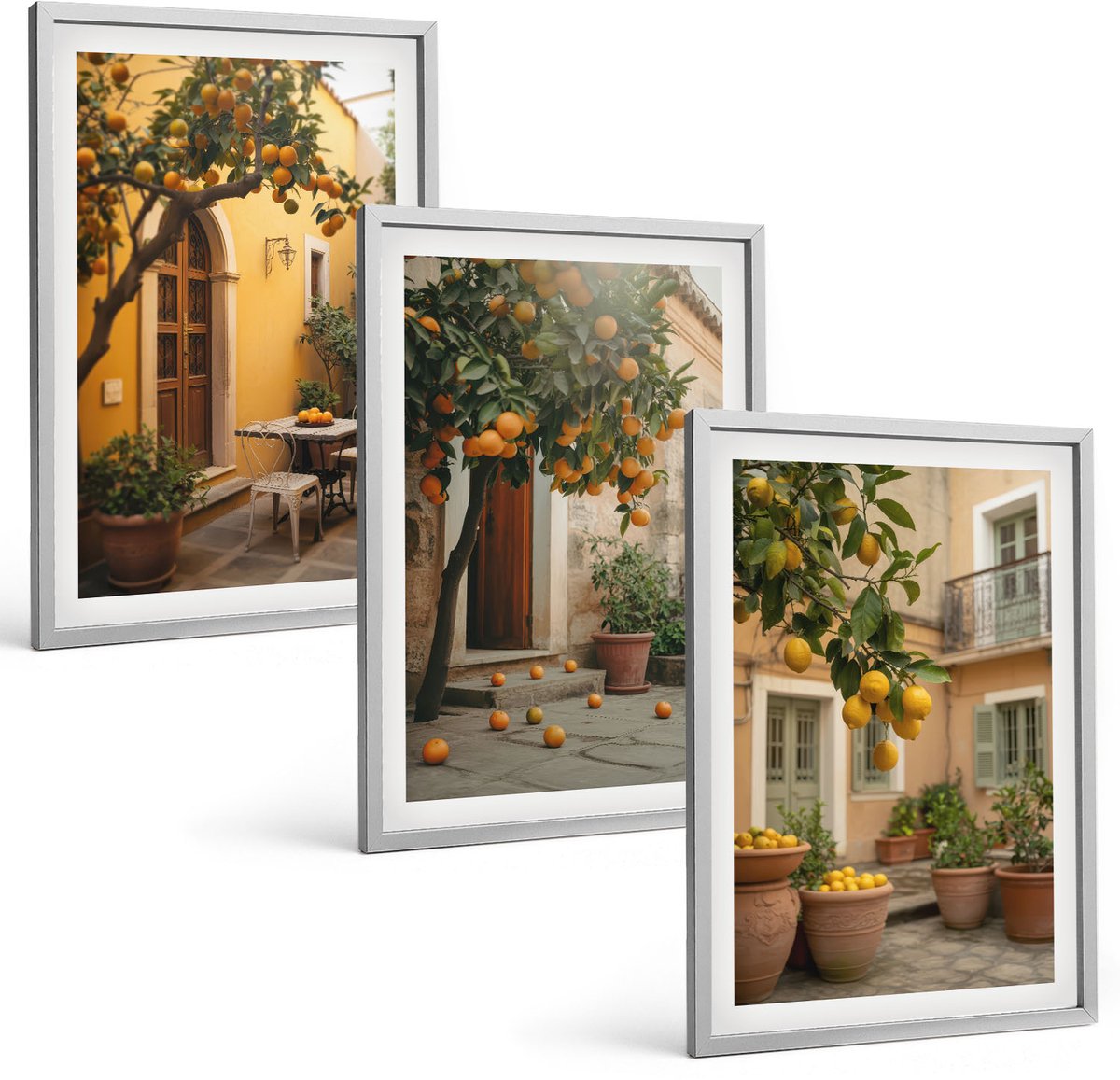 Coloray 3-Delige Schilderij Set - Tuin Met Citrusbomen Op Een Zonnige Locatie - 40 x 60 cm - Moderne Wanddecoratie - Slaapkamer - Stijlvolle Muurdecoratie