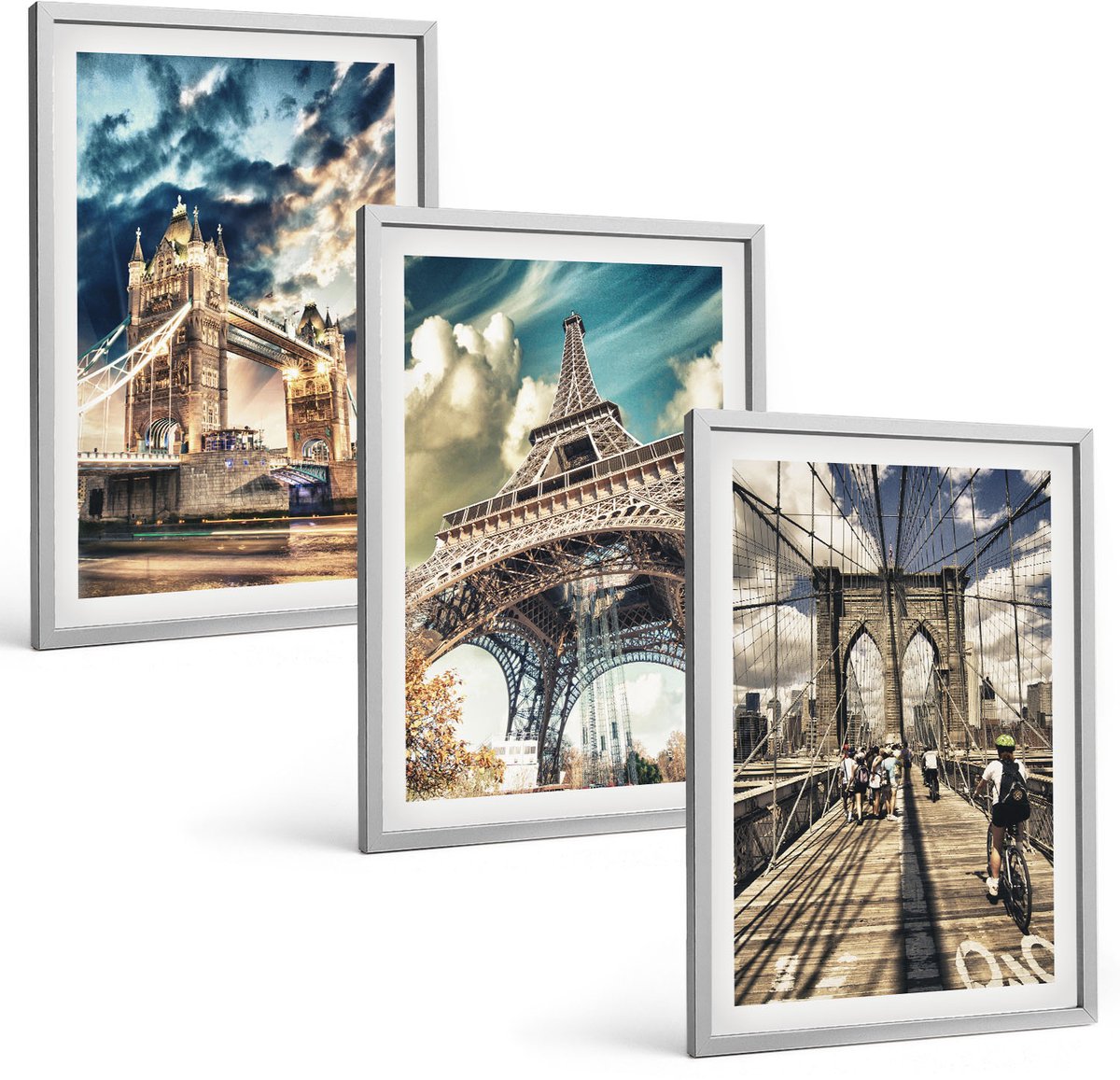 Coloray 3-Delige Schilderij Set - Bruggen En Torens In Europese Steden - 40 x 60 cm - Wanddecoratie - Schilderijen Set - Kantoor - Decoratieve Schilderijen