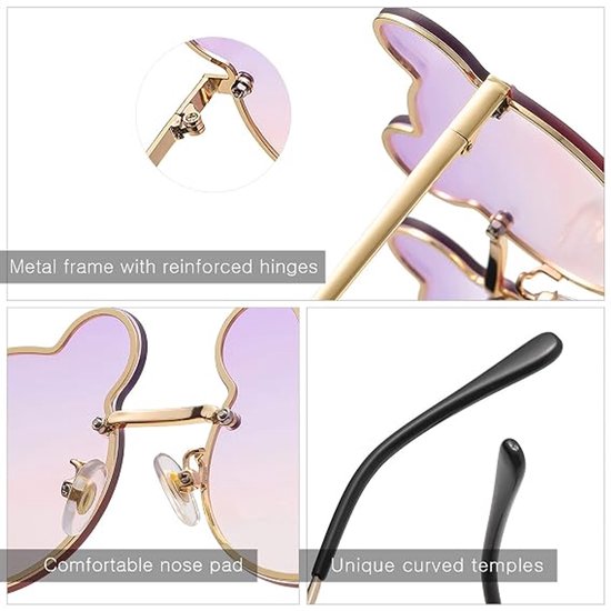 Leuke zonnebril met beertje Geschikt voor kinderen, unisex, UV400, glazen met kleurverloop, metalen montuur, ronde bril met berenoortjes, anti-reflecterend, perfect Geschikt voor strand- en buitenfotografie (paars + geel). — afbeelding 3