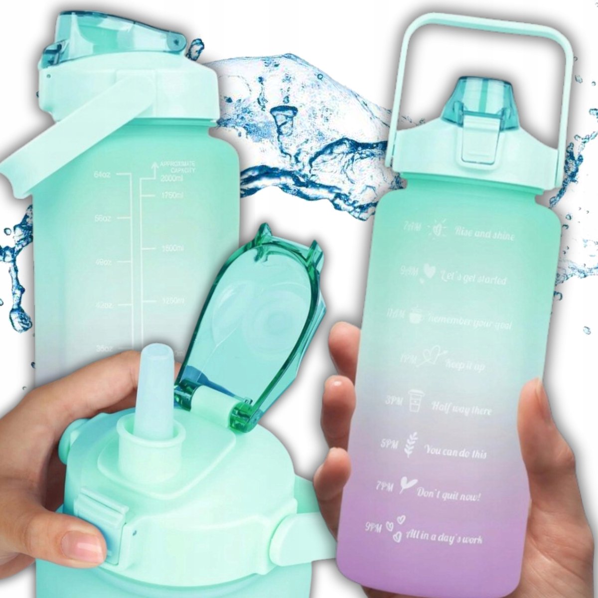 Motiverende Waterflesjes 2L met Rietje, Handvat & Maatstreep