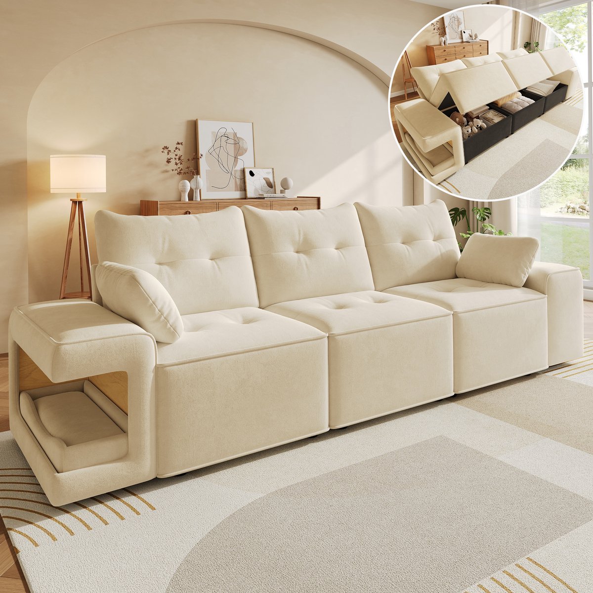 3-Zits Bank, Moderne Modulaire 3-Zitsbank Met Brede Armleuningen, Cloud-Bank, Geïntegreerde Opbergruimte, Gestoffeerde Kussens, USB Oplaadpoort, Chenille Stof, Grijs