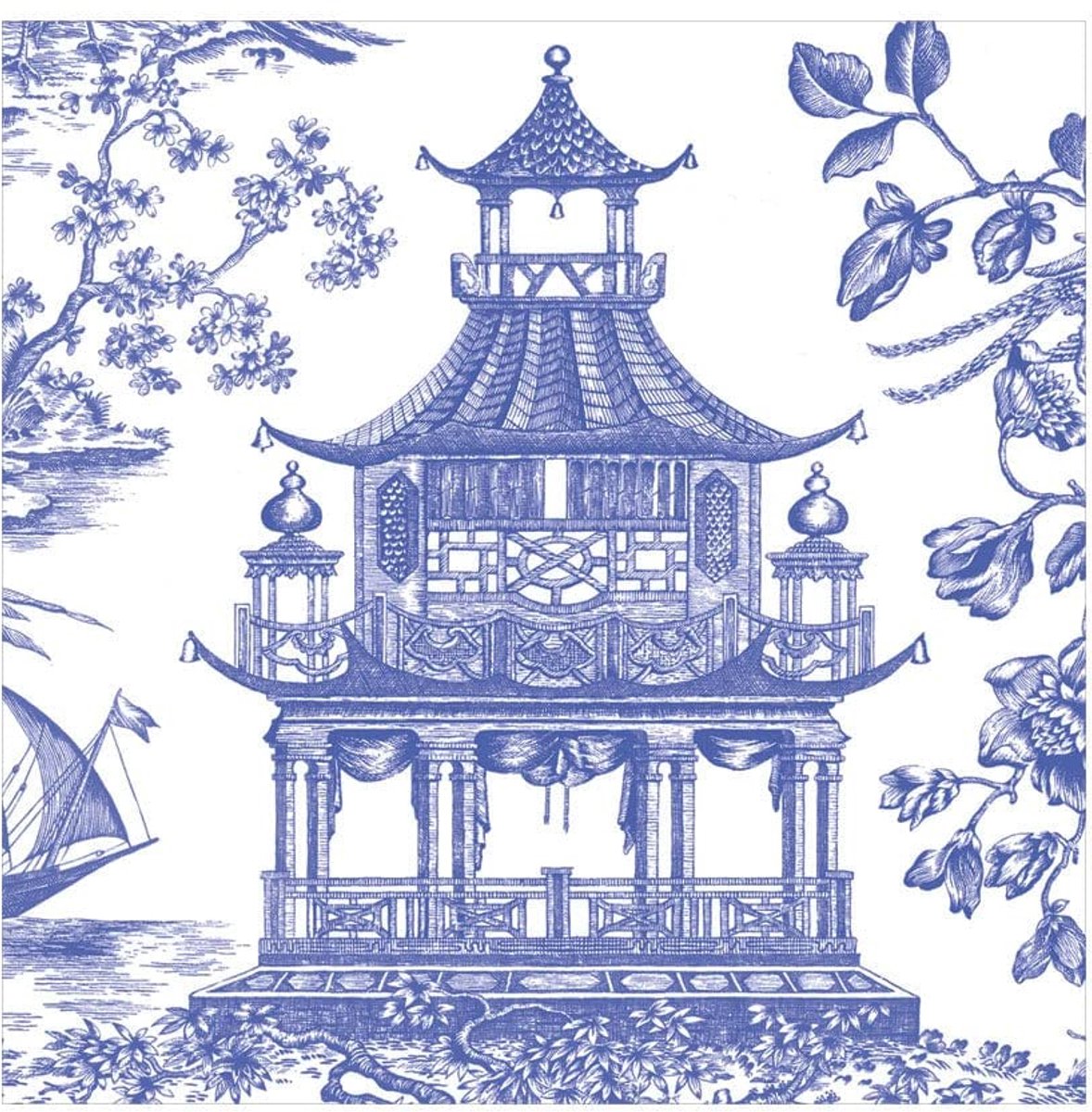 Caspari Chinoiserie Toile Pagode Blauwe Luncheon Papieren Tafelservetten 20 in een Pack 33cm Vierkant - ShopVlot
