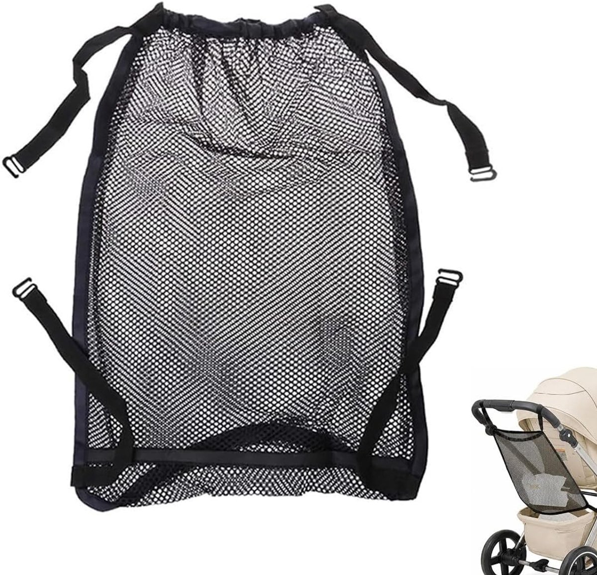 Universele Hangmat voor Kinderwagens, Opbergnet voor Buggy en Kinderwagen, Elastisch Mesh, Zwart, Inclusief Haken, 1 Stuk, Ideaal voor Boodschappen en Accessoires