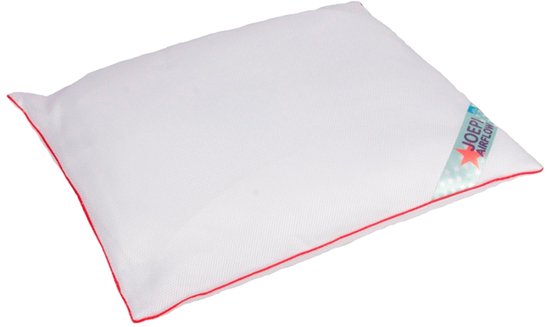 Wit kinderhoofdkussen met rode bies, met "Joepi Airflow" label.