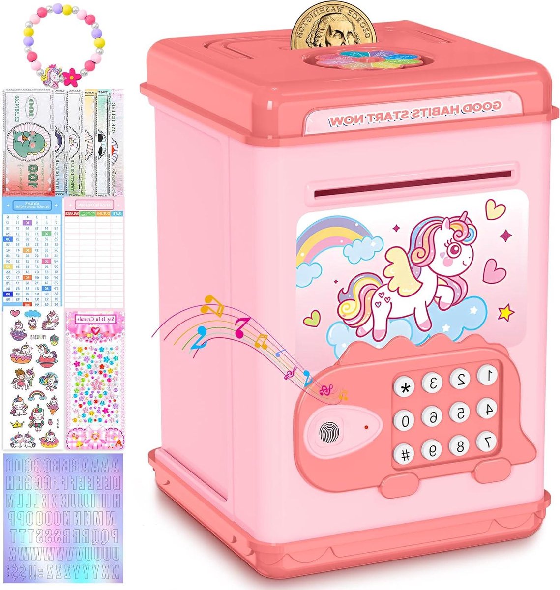 Kinder spaarvarken - Geldkistje meiden - Geld leren sparen - Wachtwoord en vingerafdruk - 14x14x20 cm - Roze