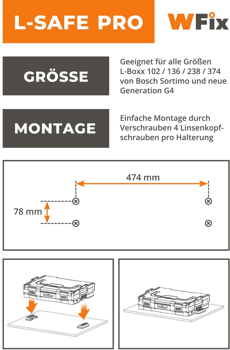WFix L-BOXX Houder voor L BOXX Sortimo, L SAFE Pro Black zekering en fixatie, 2 LBOXX houders om vast te schroeven - ShopVlot