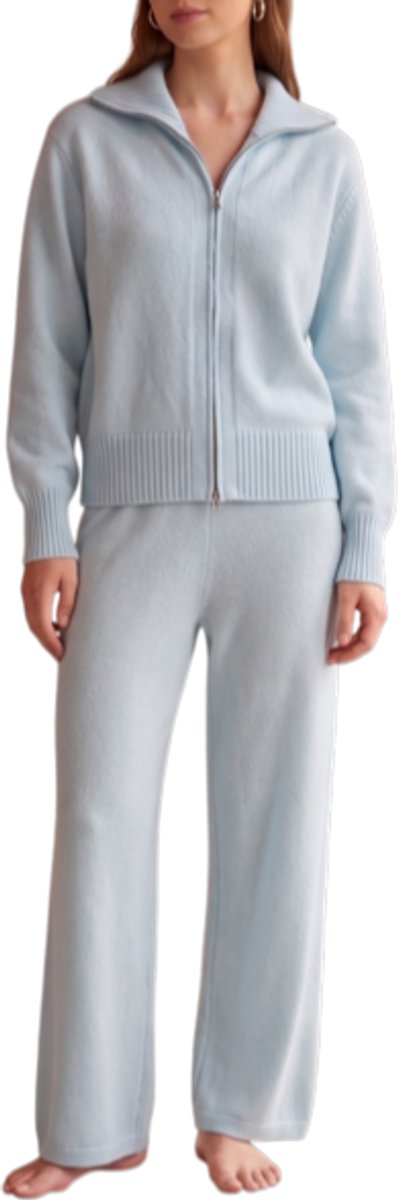 Gebreid Huispak Dames - 2-Delige Loungewear Set met Ritsvest & Wijde Broek - Zacht Joggingpak & Relax Set - Cadeau voor Vrouw - Blauw