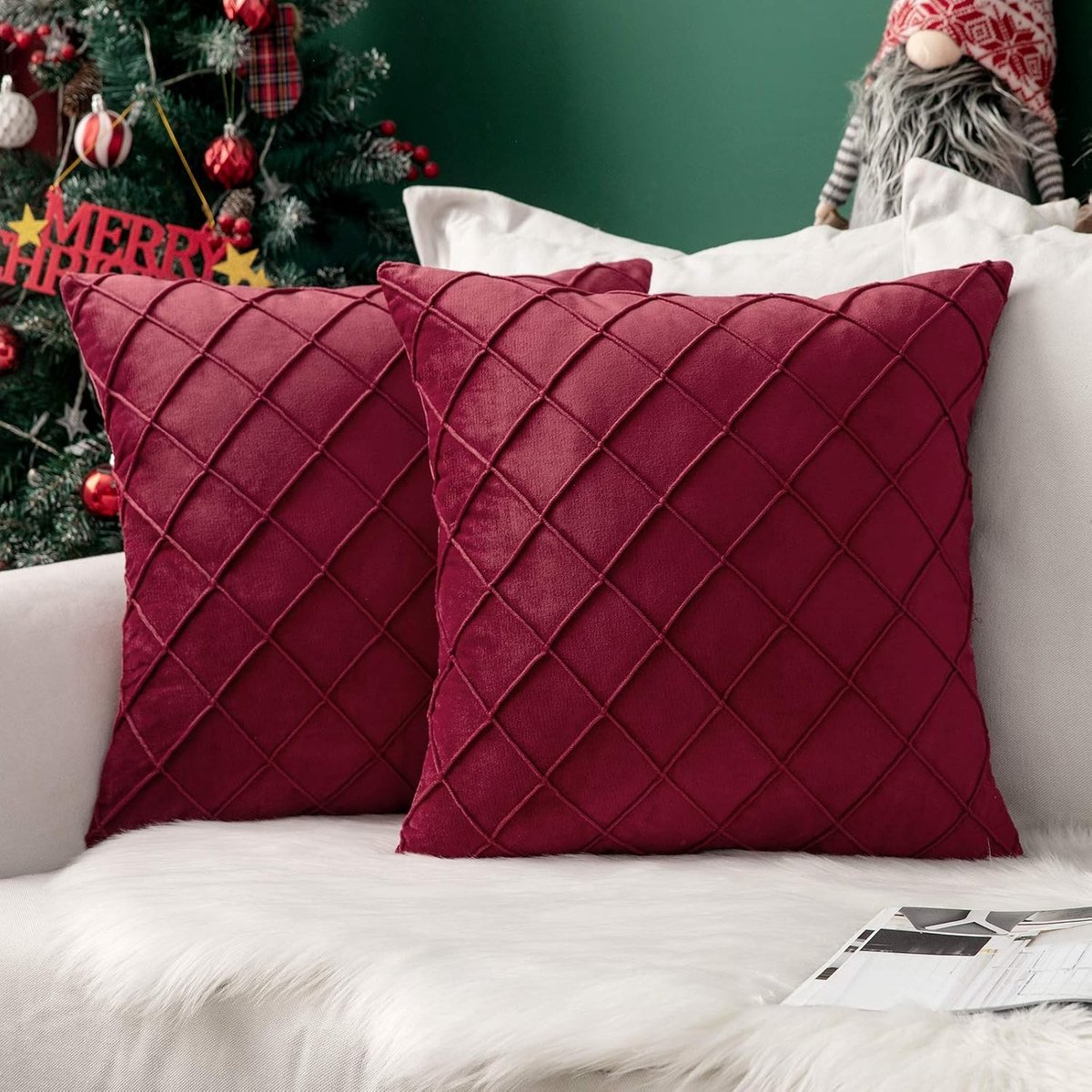 Set van 2 Vierkante Velvet Kussenhoezen met Patroon - Decoratieve Kussens voor Woonkamer en Slaapkamer - Superzacht in Wijnrood 45 x 45 cm