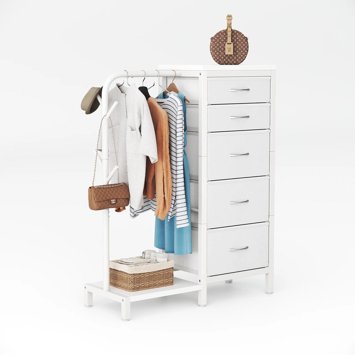 Gudalio Kledingkast - Kledingrek - Kast - Opbergkast - Kledingroede - Kapstok - 5 Lades - Modern - 76 x 30 x 112 cm - Wit