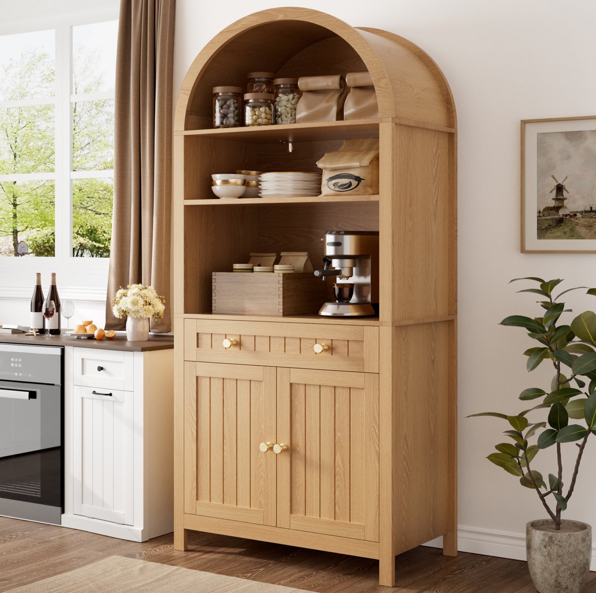 DESMIU Keukenkast - Hoge Kast Met Boogvorm En Kruidenrekken - Voor Keuken En Eetkamer Of Werkkamer - MDF En Spaanplaat - 76x40x180 Cm - Naturel