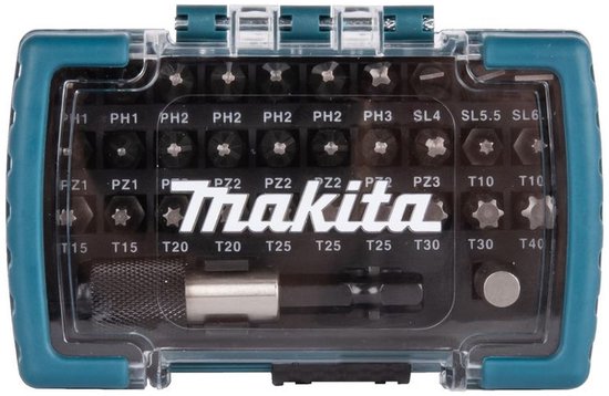 Makita schroefbitset 32dlg met de tekst "Makita" erop in een blauwe, transparante koffer.