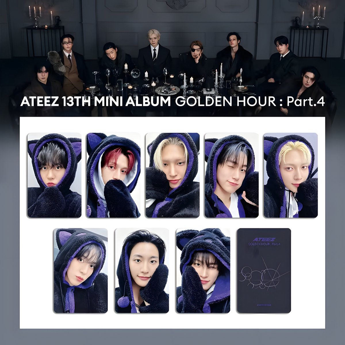 KPOP 8pcs/set ATEEZ Golden Hour Part.4 Photocard Purple Cat Ear Hood [Fotokaarten]