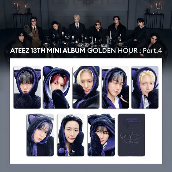 Acht ATEEZ Golden Hour Part.4 fotokaarten met leden in paarse hoodies met kattenoren en een logo-achterkant.