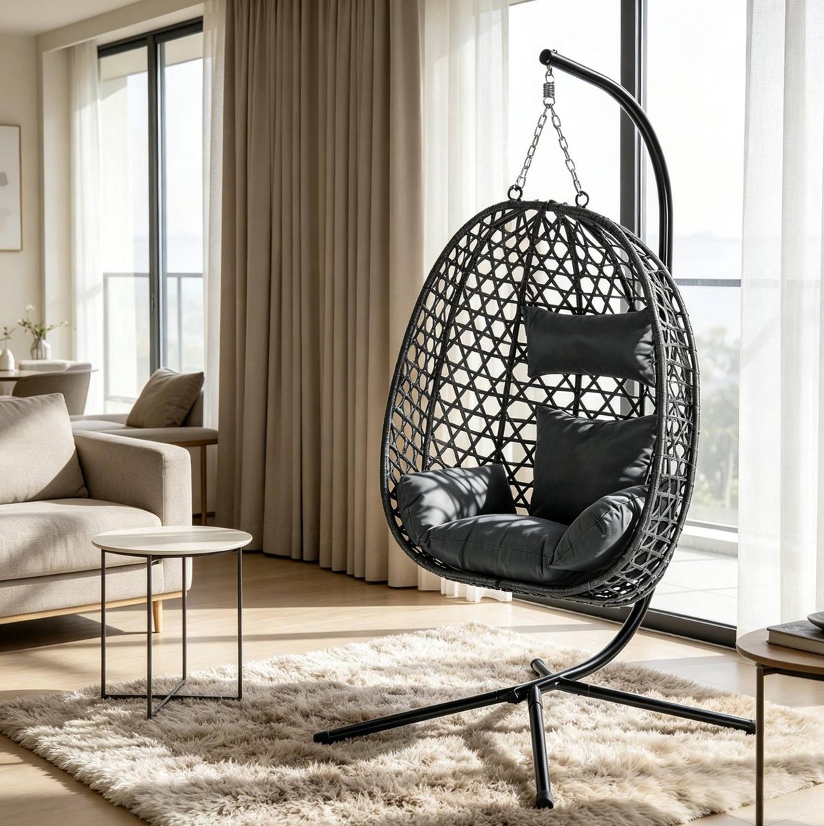MODENUIT Hangstoel – Hoogteverstelbaar – 105 x 105 x 195 cm – Metaal en Rotan – Donkergrijs – 360 Graden Draaibaar