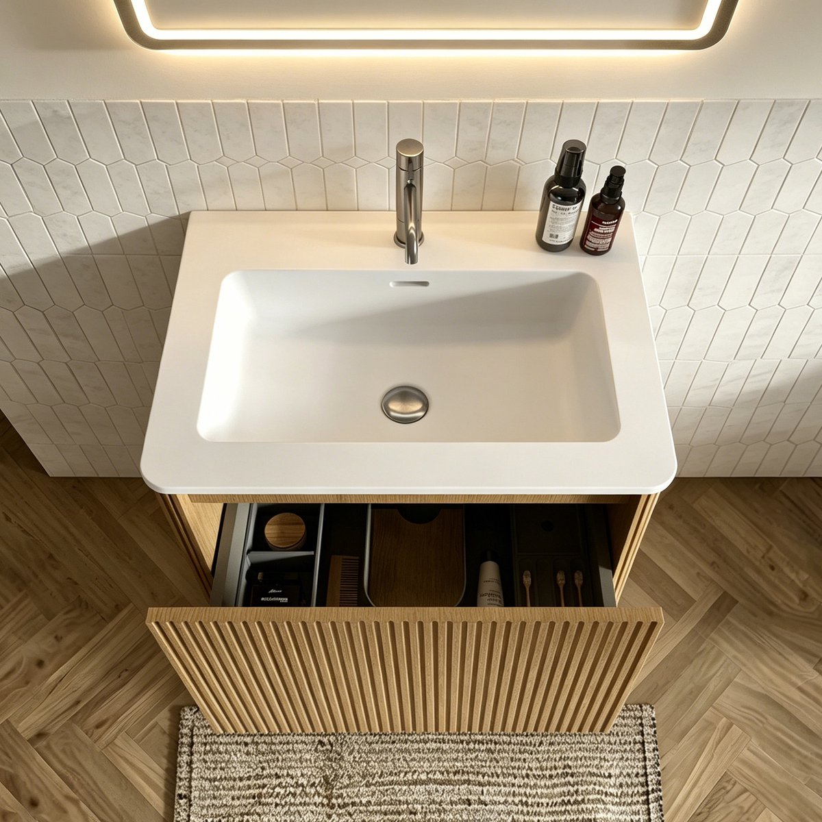 DESMIU Badkamerkast Met Wastafel - Wandhangend Met Lade En Rillendesign - Voor Kleine Badkamers En Gastentoiletten - MDF - 60 Cm - Eikenlook