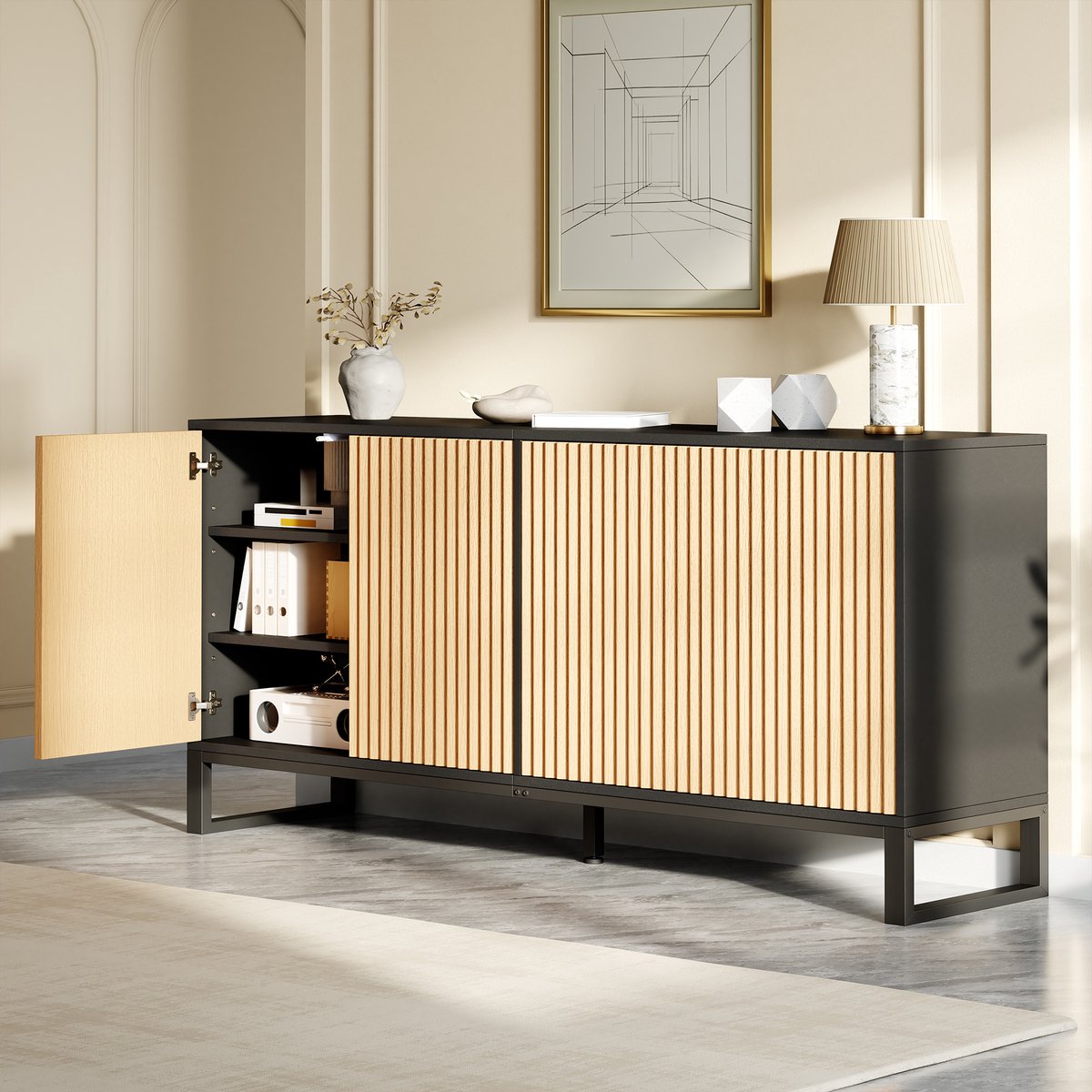 REDOM - Schoenenkast - 4 deuren - 3D verticale ribbeldeuren - Verstelbare legplanken - Hal of woonkamer - MDF en spaanplaat - Zwart en naturel - 160 x 40 x 75 cm
