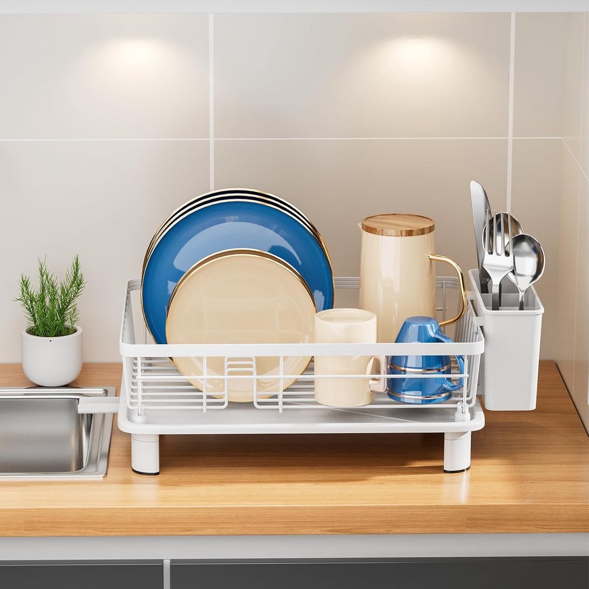 Afdruiprek - Wit - Klein - Metalen Afwasdroogrek met Lekbak en Vorkhouder - Voor Keuken