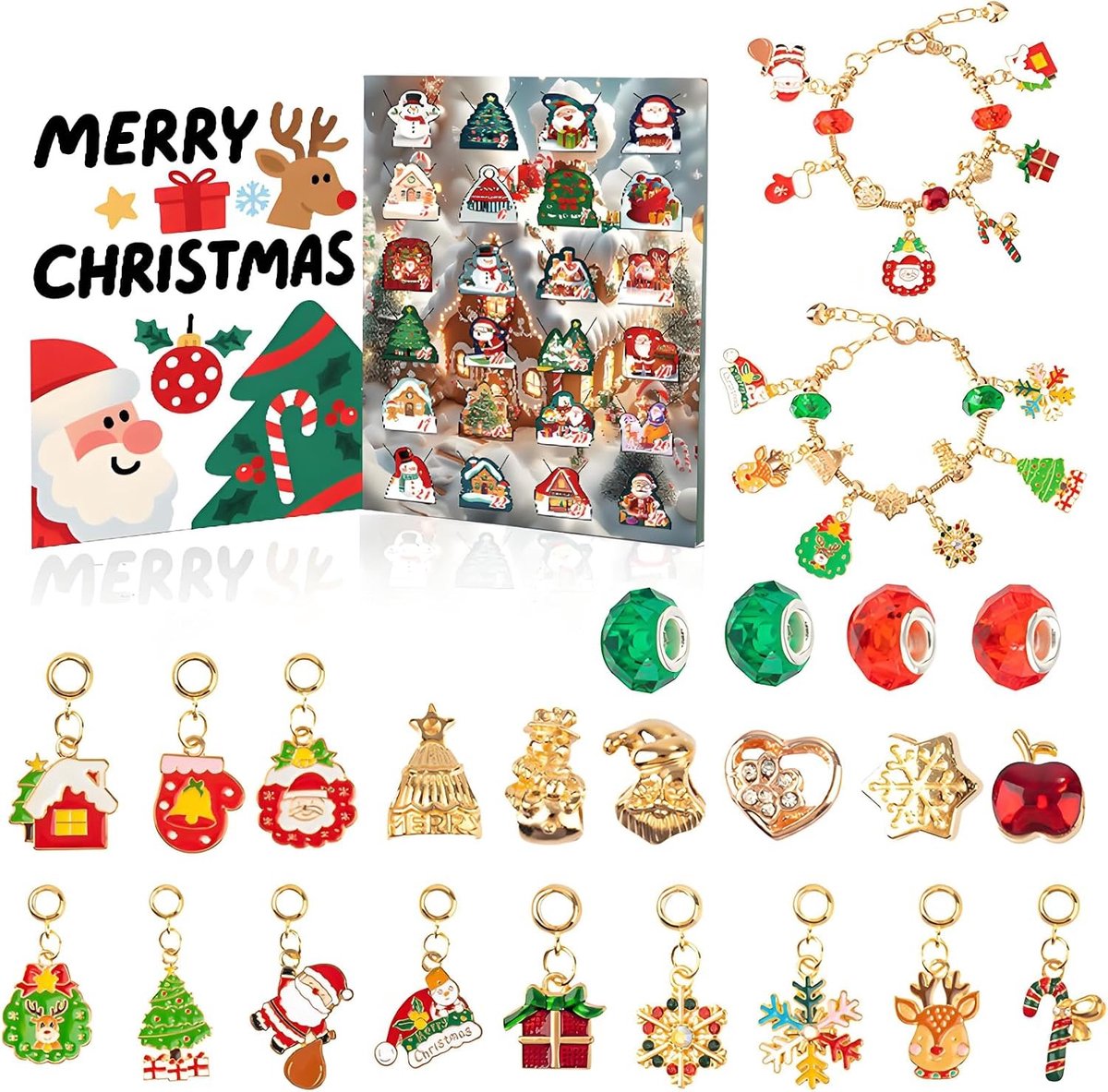 Adventskalender - Rood en Groen - 16-21 cm - Doe-het-zelf Sieraden Set met 22 Bedels - Voor Meisjes