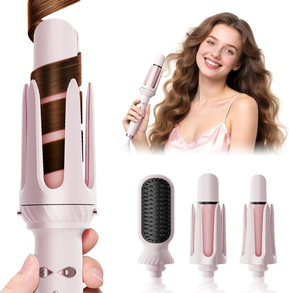3‑in‑1 Haarstyling Set, Automatische Krultang, Stijltang & Warmteborstel, Verwisselbare 25 mm en 32 mm Opzetstukken, Franse Golven, Draagbaar met Hittebescherming, Geschikt voor Reizen
