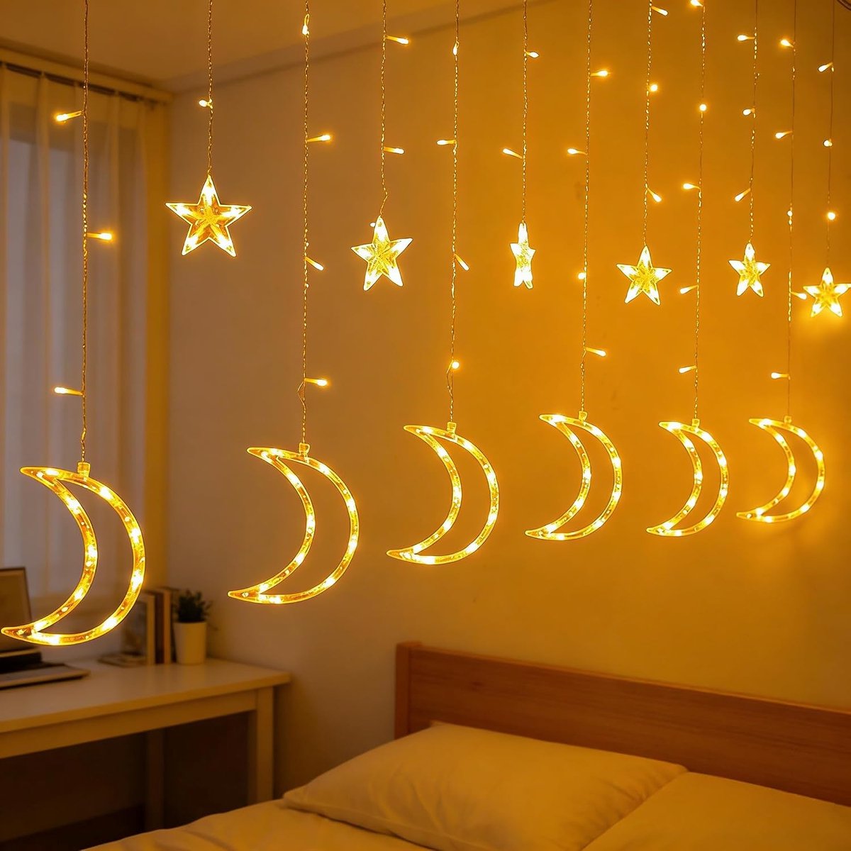 Slingerlichten - Maan en Ster Vormige LED Lichtslang - Met Timer en 8 Verschillende Lichtmodi - Waterdicht voor Binnen en Buiten - Geschikt voor Slaapkamer Muur Bruiloft en Outdoor Feest - Warme Witte Kleur - Lengte 3.5 Meter