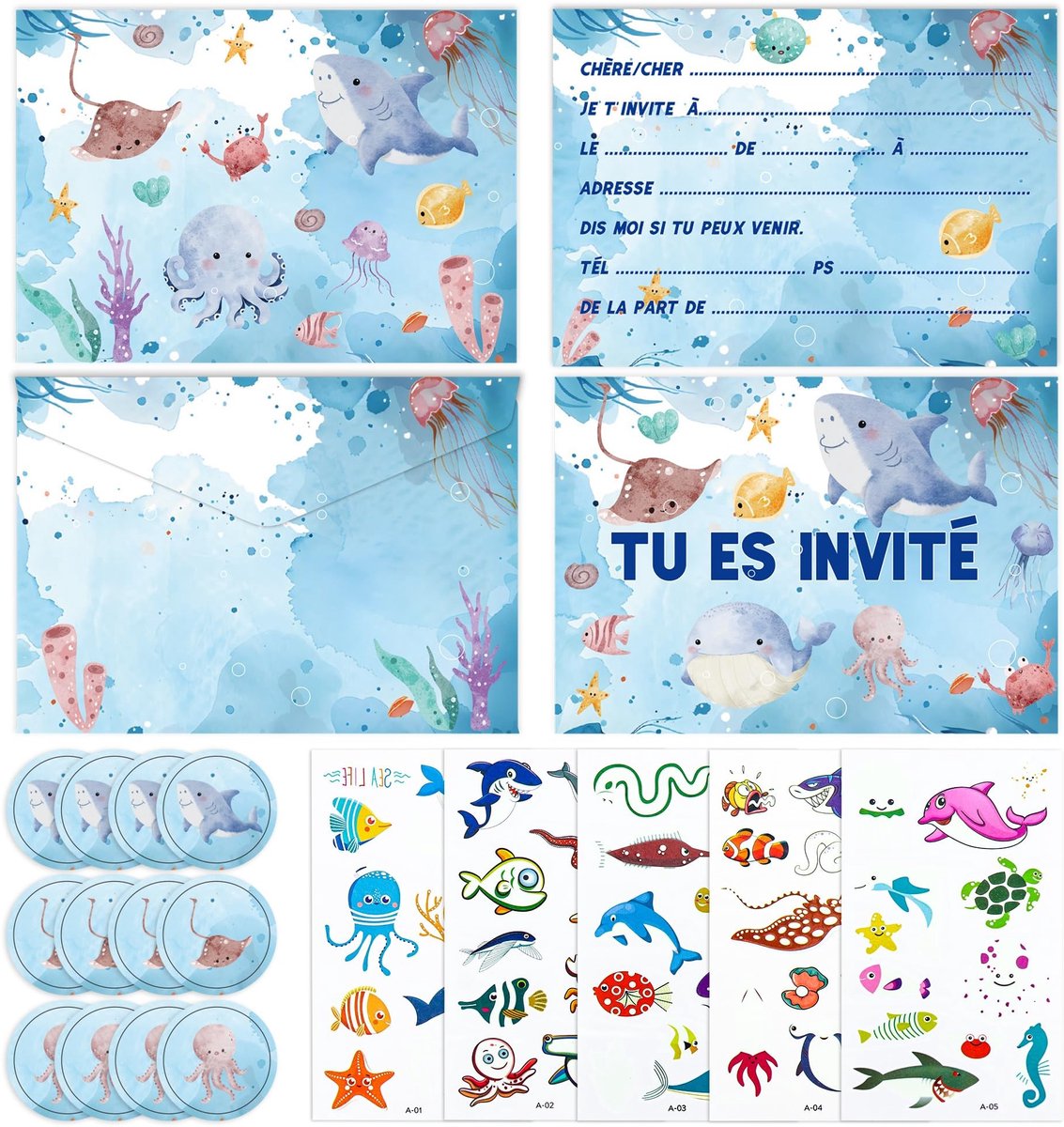 Elzusha - 12 Verjaardagsuitnodigingen Onderwater Wereld met Enveloppen en Stickers