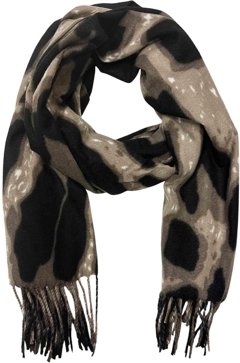 Elzusha - XXL Leopard Sjaal - Wol en Katoen met Fringes - Taupe