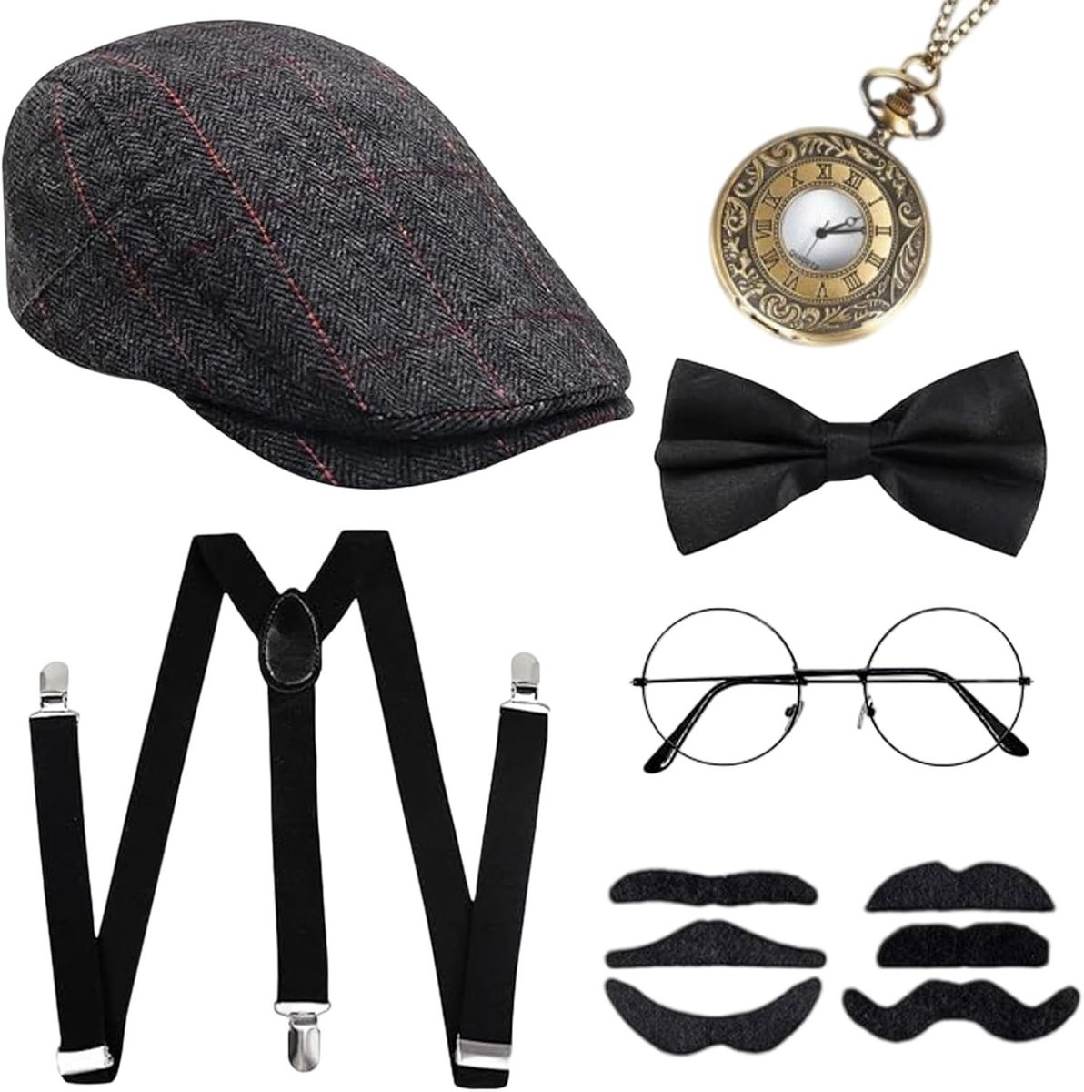 Stijlvol 1920s Gatsby Kostuum voor Mannen, 8-delige Set met Hoed en Zakhorloge voor Themafeesten, Bruiloften en Halloween