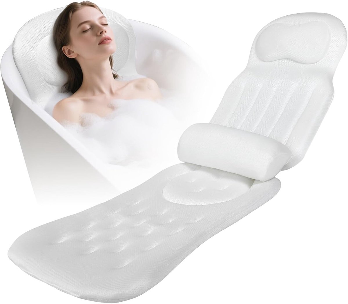 Volledige Lichaamsbadkousen 131 x 38 cm met Hoofd-, Rug- en Zitkussens, Antislip Zuignappen, Ondersteunt Nek, Rug en Benen, Sneldrogend Badmat met Kussen voor Thuis Spa Ervaring
