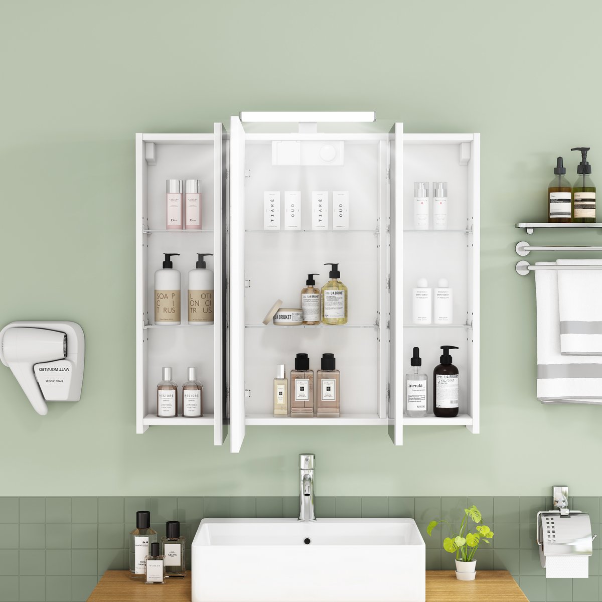 Spiegelkast – 80 x 16 x 70 cm – 3 Deuren Met Spiegel – MDF En Glas – Wit – Ledverlichting Voor Badkamer