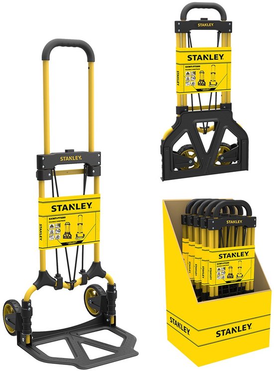 Gele en zwarte Stanley steekwagen, opvouwbaar met uitschuifbaar handvat en elastisch koord.