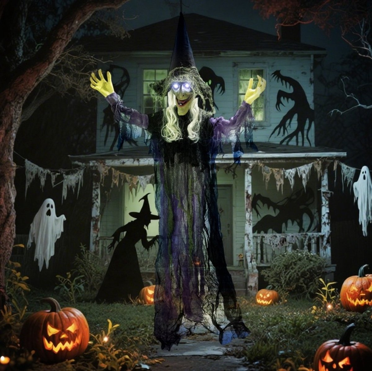 Halloweenheks Led-Ogen Met Geluidseffect – 80 x 15 x 183 cm – Staal En Polyester – Paars – Hangdecoratie Voor Halloween
