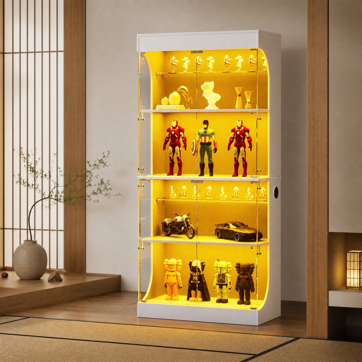 DESMIU Vitrinekast - Glazen Deuren Met Sensorverlichting - Voor Woonkamer Slaapkamer En Kantoor - Glas En Spaanplaat - 80 X 35 X 165 Cm - Wit