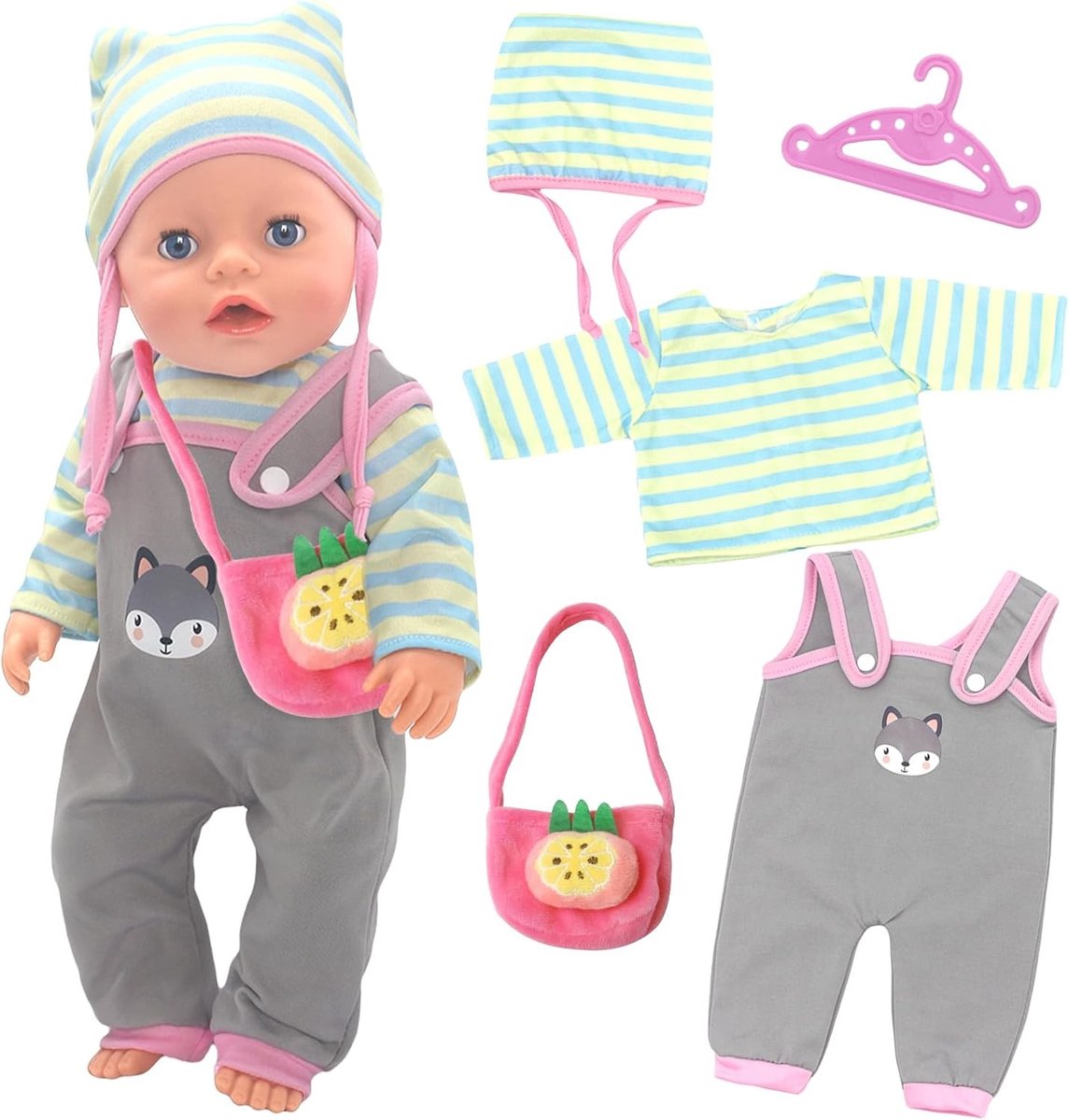 Kleding voor 14-18 inch poppen met ananas tas en roze hanger - Perfecte accessoires voor poppenliefhebbers