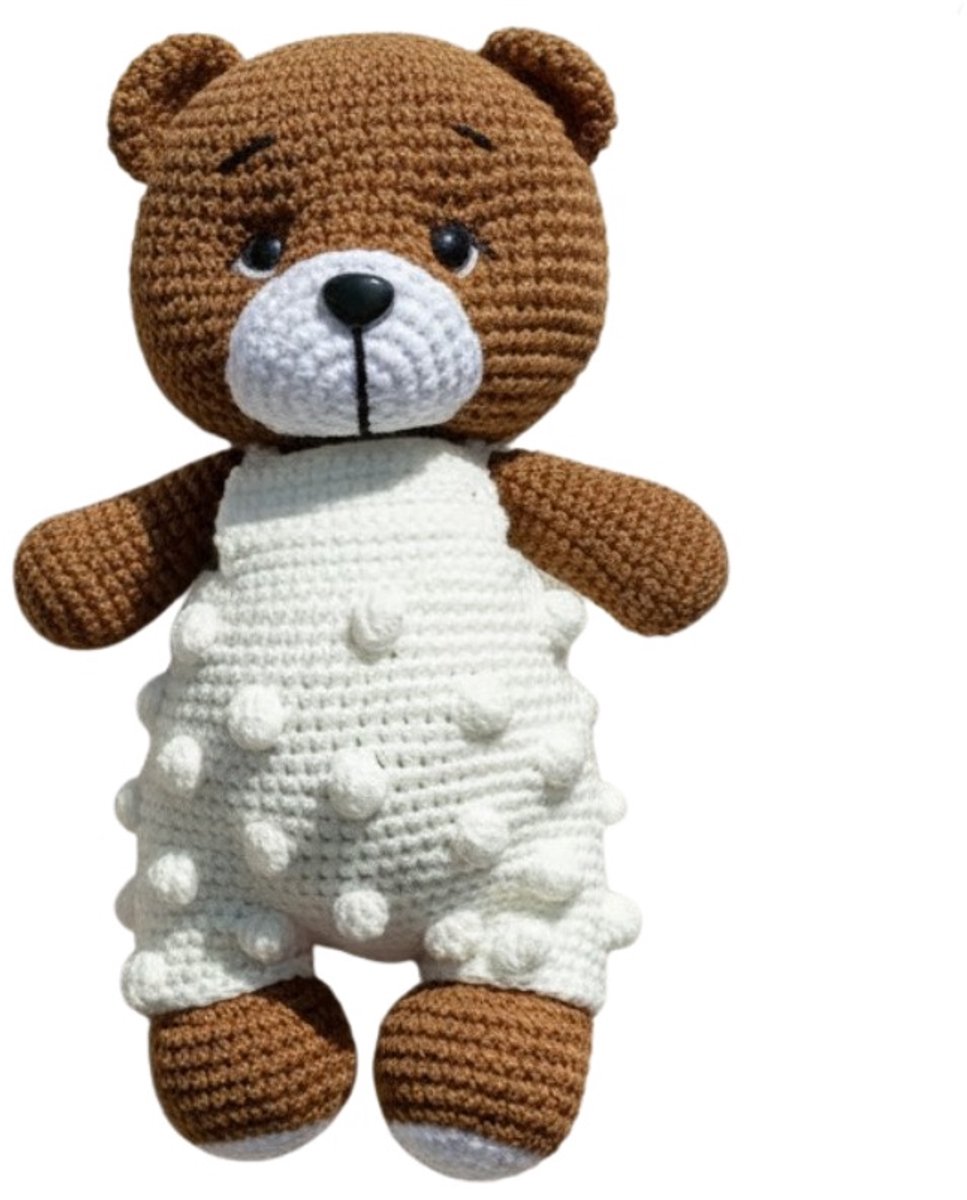 Nuvinokids Beer met Tuinbroek - Handgemaakte Gehaakte Knuffel - 100% Katoen - Baby - Peuter - Kind - Newborn - Knuffeldier - Baby Knuffel - Amigurumi - Eerste Knuffel - Zacht Speelgoed - CE Gecertificeerd - Kraamcadeau - Babyshower Cadeau - Jongen