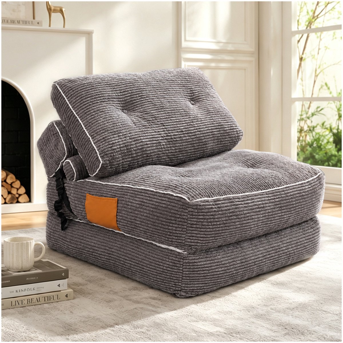 REDOM - Opvouwbare zitzak - Zit- en slaapfunctie - Met rugleuning - Ribstof bekleding - Binnengebruik - Grijs - 190 x 90 x 95 cm