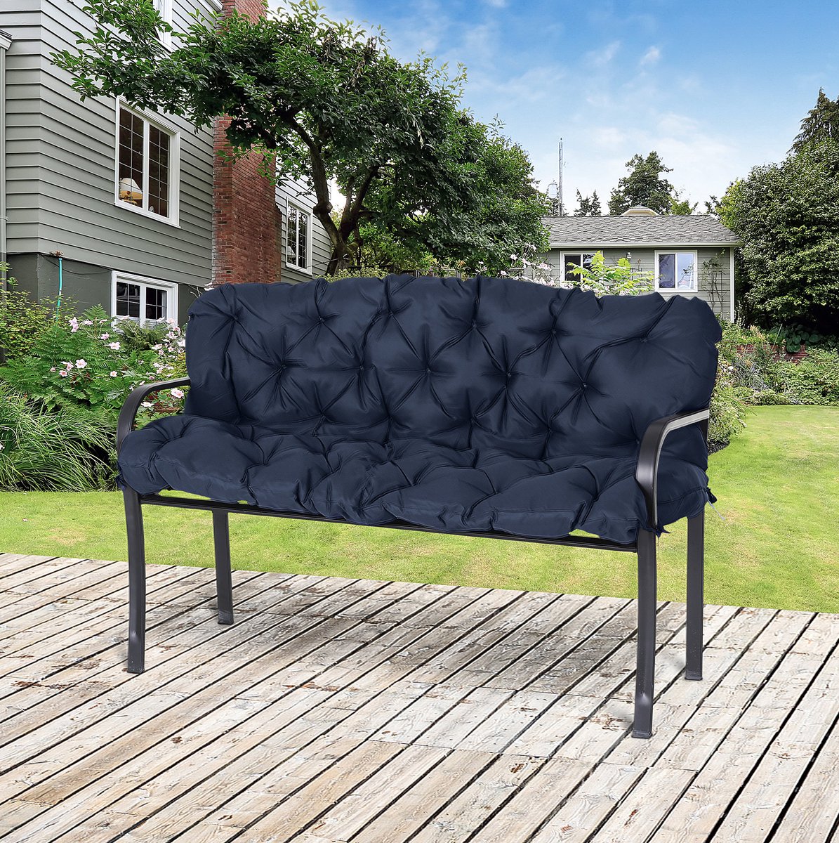 MODFU - Tuinkussen - 3-Zits Tuinbankkussen - Met Rugkussen En Banden - Polyester - Donkerblauw - 150 X 98 X 8 Cm
