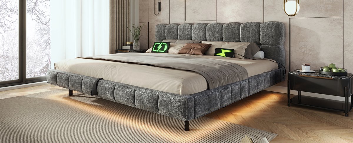 FloraGrace Gestoffeerd Bed 140x200 cm – LED, USB en Type-C – Hydraulische Opbergruimte – Chenille – Grijs – Zonder Matras