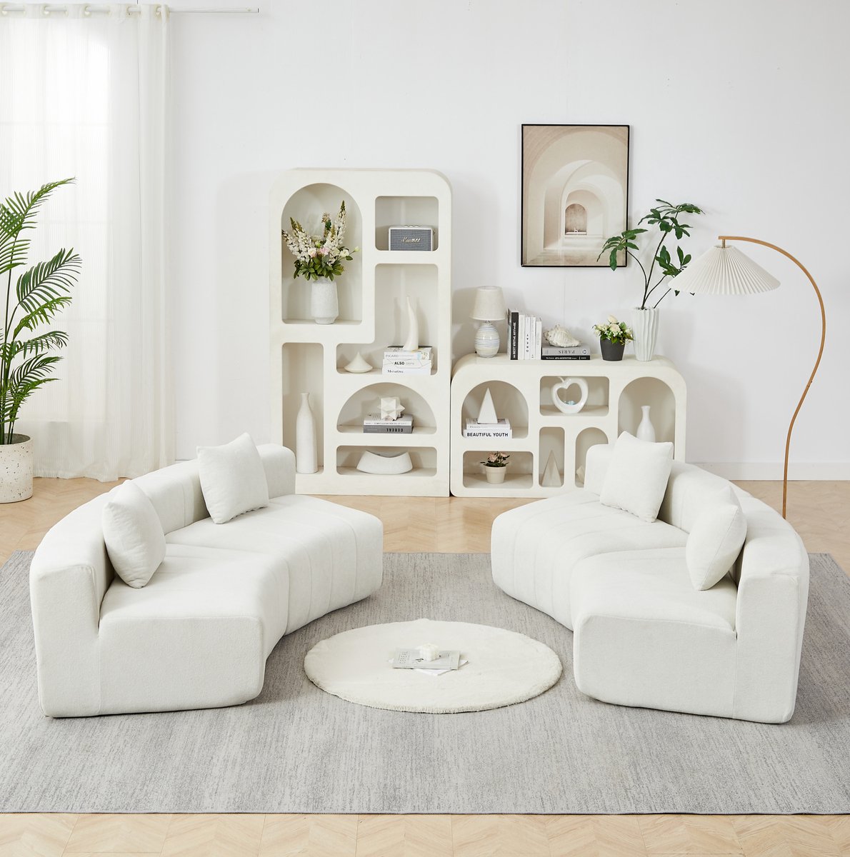 REDOM - Zitbank - 4-zits - Gebogen modulaire vorm - Chenille bekleding - Halfrond ontwerp - 2 kussens - Woonkamer - Beige - 383,5 x 83,8 x 73,6 cm