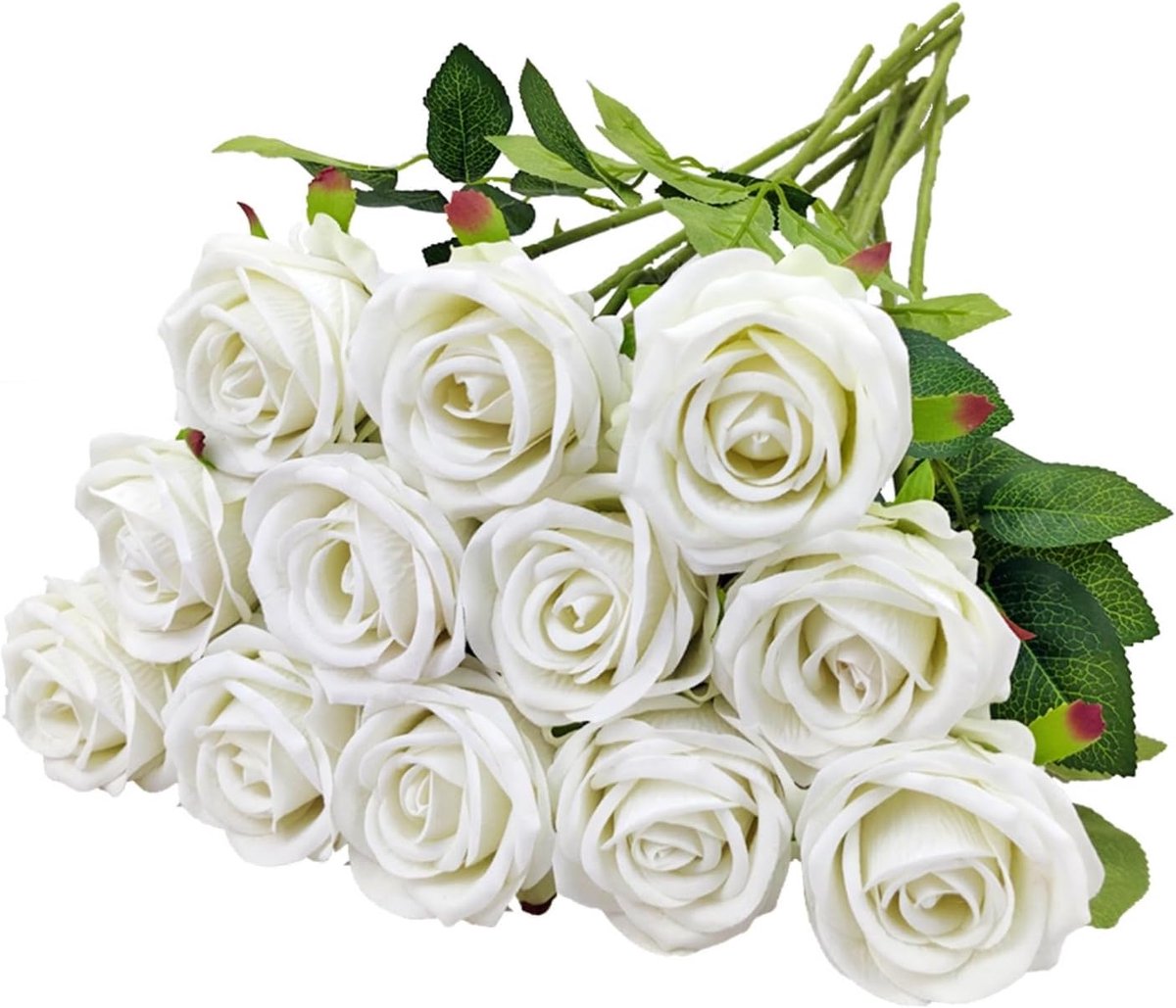 12 stuks kunstrozen, levensechte fluwelen bloemen met lange steel neprozen voor bruidsboeket thuisfeest kantoor - ShopVlot