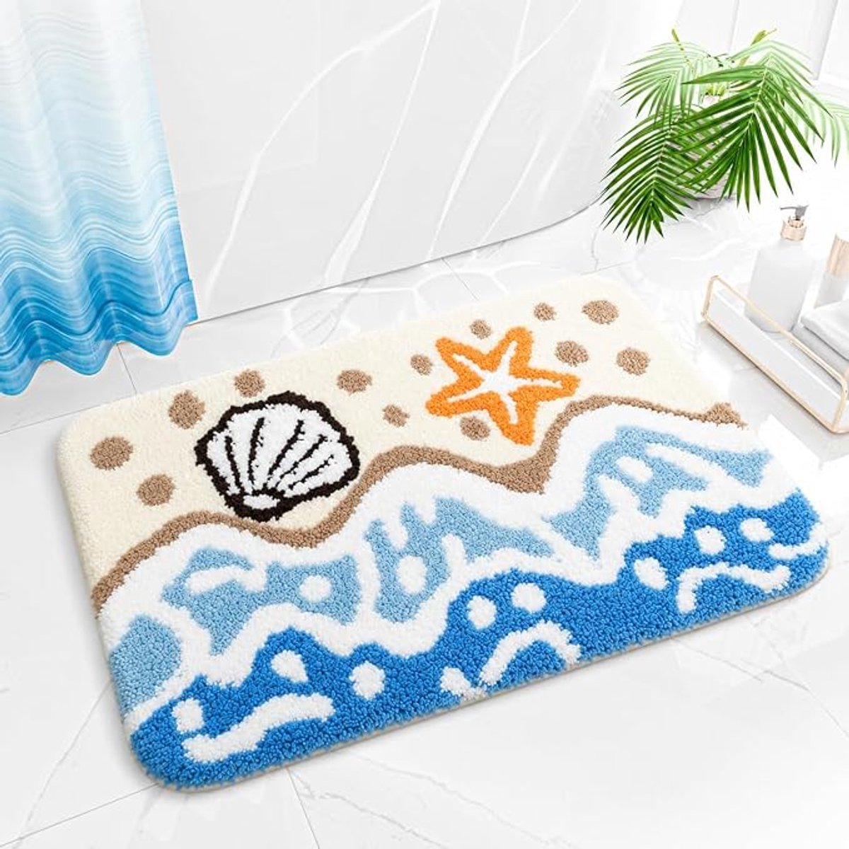 Waterfront patroon badkamer mat, strand, oceaan, golven anti-slip mat, maritieme stijl badkamer mat, 3D zeester schelp kust thema decoratie, mat