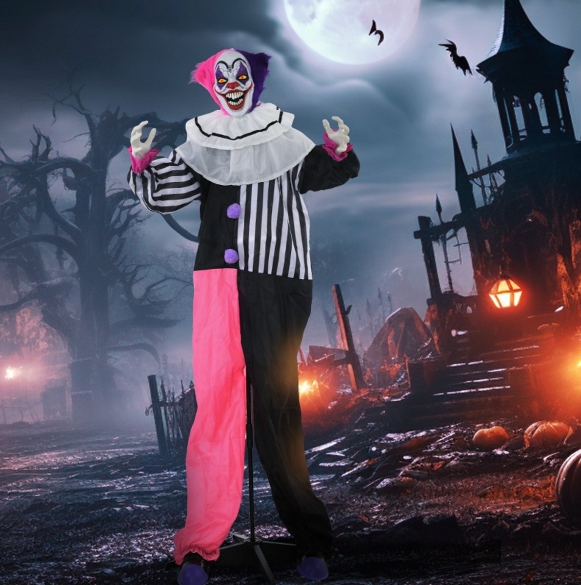 Halloween Decoratie Griezelclown – Bewegend Met Lachfunctie – 60 x 18 x 173 Cm – Metaal – Roze Zwart Paars Wit – Voor Binnen En Overdekt Buiten