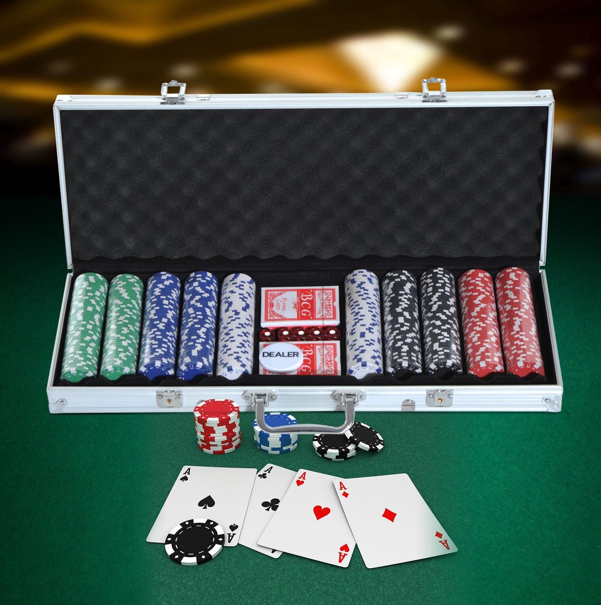 MODFU-Pokerset-Pokerkoffer-Aluminium-500-Chips-2-Kaartensets-5-Dobbelstenen